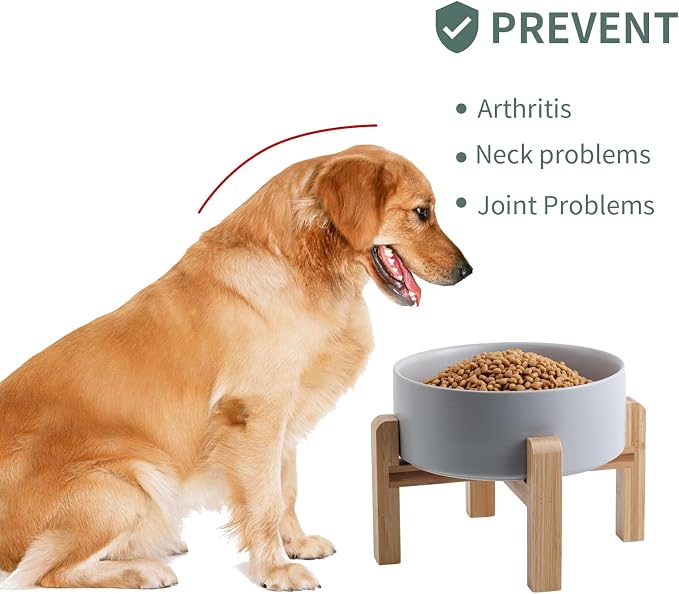 Grey Raised/Elevated Ceramic Dog Bowl for Medium Large Sized Breeds,Large Dog Food Water Bowl with Stand,8 in Non Slip Heavy Weighted 1800ml/ 7.6 Cups/60 OZ