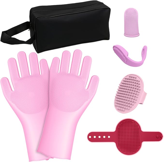 7 PCS Pet Grooming Kit for Dogs and Cats | Dog Washing Gloves | Dog Bath Brush | Cleanroom Gloves | Dog Shampoo Brush | Finger Toothbrushes | Storage Bag | All-in-One Pet Care (Pink)