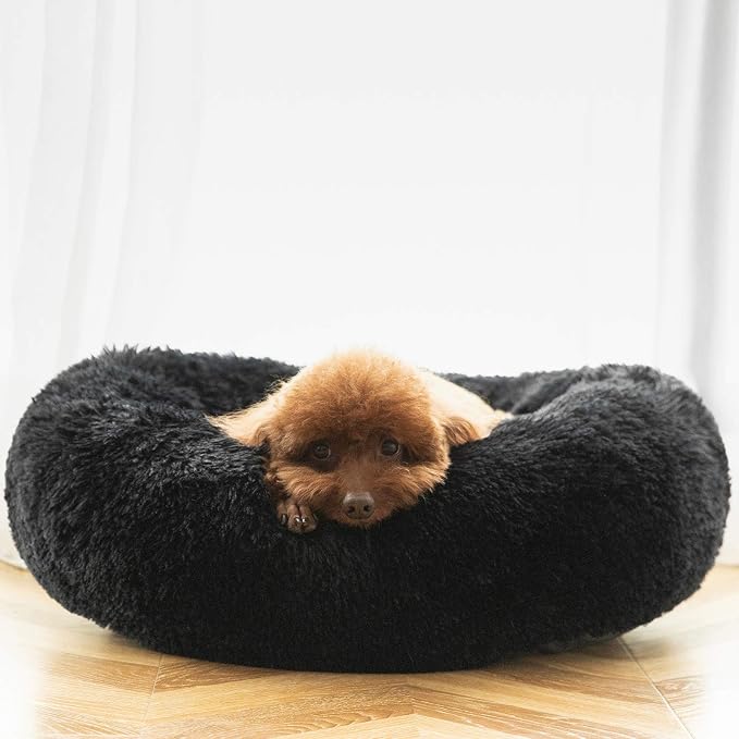 HACHIKITTY Calming Donut Cuddler Dog Bed, Round Fluffy Pet Bed for Small Dogs,Washable, Large, Black, 24''