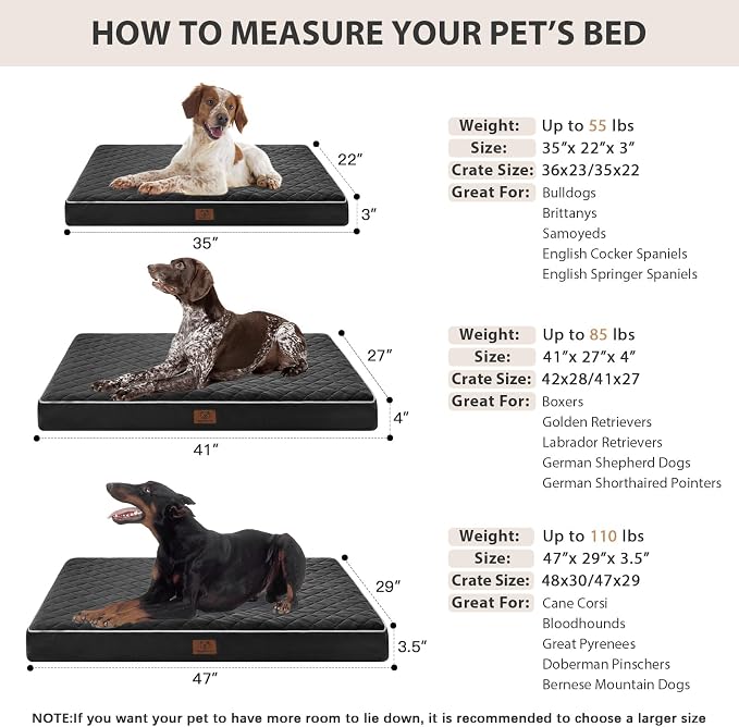 WNPETHOME Orthopedic Waterproof XL Dog Bed for Crate Cozy Sleep | Extra Large Washable Dogs Bed with Removable Cover, Multi-Needle Quilting Dogs XL Crate Bed for Relax , Black 41x27 Inch