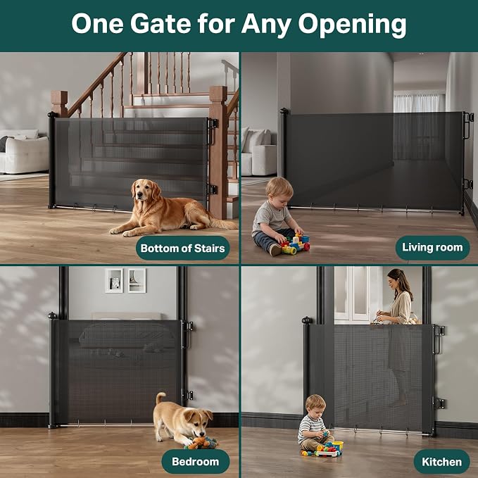 Cumbor 37-55" Retractable Baby Gates for Stairs & Doorways, Hardware Mounted Mesh Dog & Pet Gate, Easy Walk Through, One-Hand Operation, Anti-Crawl Adjustable Safety Gate for Dog, Indoor Outdoor Black