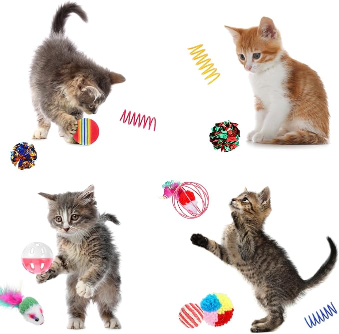 150 Pcs Cat Toys Bulk for Indoor Cats, Kitten Toys Assorted Variety Pack, Cats Toy Bundle with Mice Rainbow Balls/Springs Crinkle Balls/Lattice/Sisal/Table Tennis/Plush/Caged Bell for Kitty Kitten
