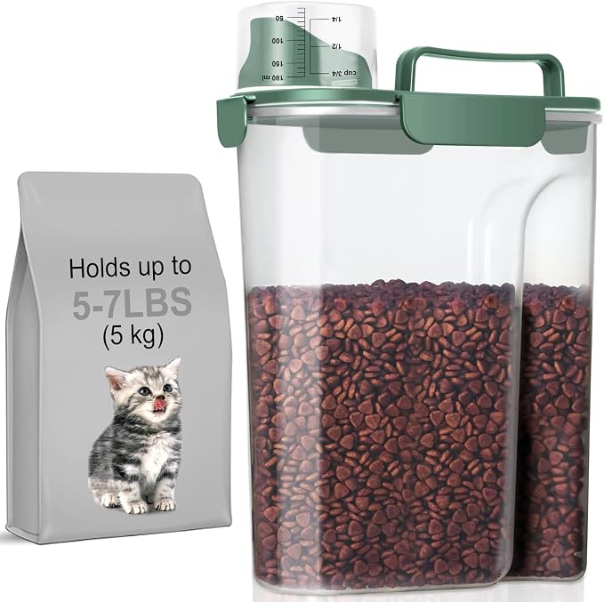 LEAWALK 5-7Lbs Cat Dog Storage Container, Portable Pet Food Containers with Upgraded Large Spout and Cup, Small Animal Kibble Dispenser for Bird Seed, Oatmeal, Rice, Flour, Brown Sugart-Dark Green
