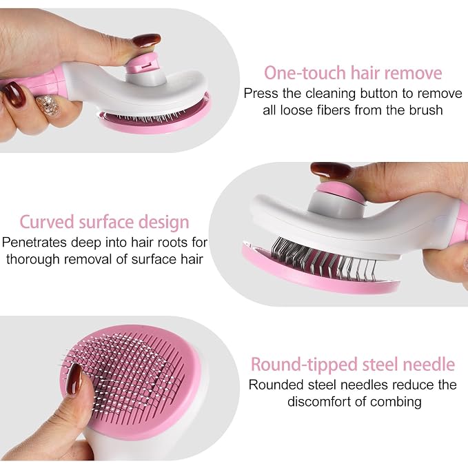 1Pc Cat Hair Brush Pet Grooming Tool Skin Friendly Deshedding Brush Self Cleaning Slicker Brush with Release Button for Dogs and Cats Easy Clean Pink 7.48 x 3.94 in