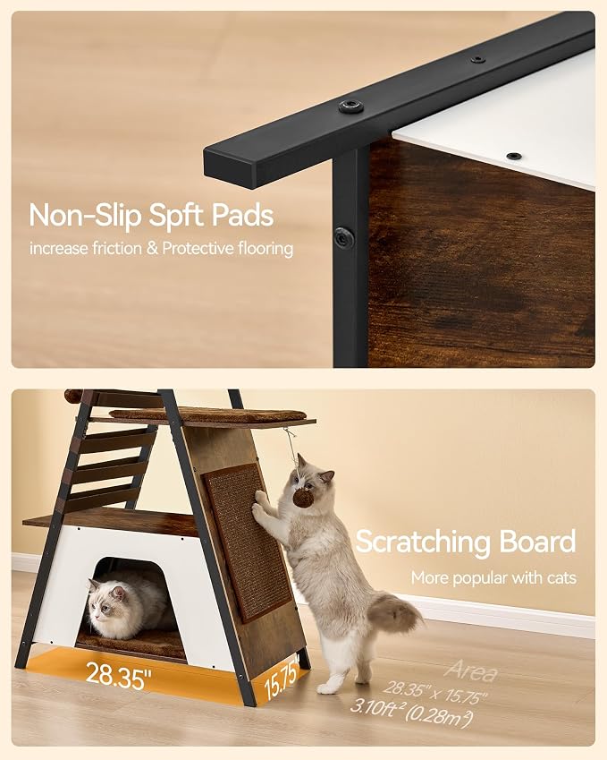 72.4" Modern Cat Tower for Indoor Cats - Multi-Level Condo With Caves, Tall Tree With Scratching Board, Wooden Tower With Large Perch, Removable Pads, Rustic Brown