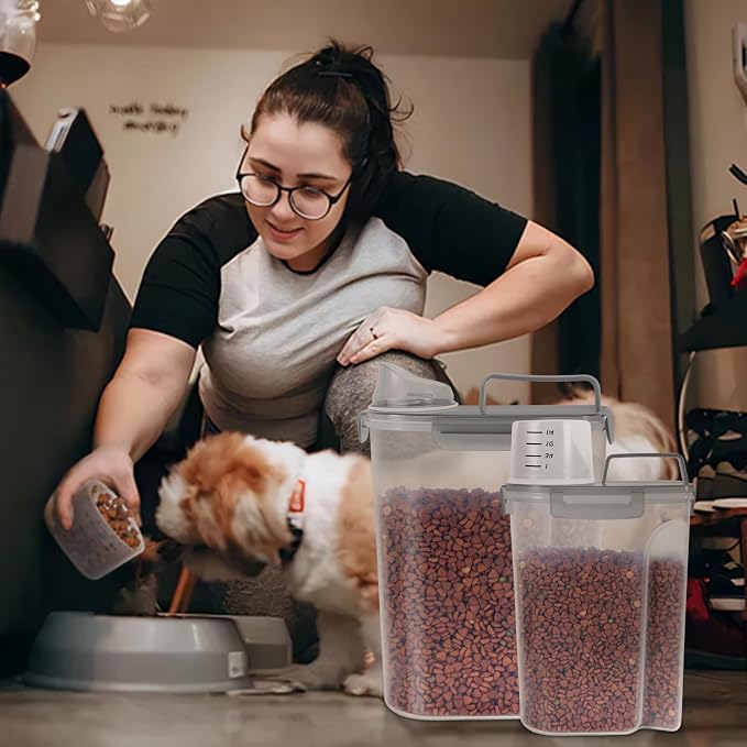 LEAWALK 3+5LBS 2Pack Cat Dog Food Storage Container Upgraded Large Nozzle BPA-free, Plastic Pet Food Containers, With 4 Sealed Clasps/1 Measuring Cup/Handle Easy Clean and Carry (Clear Grey)