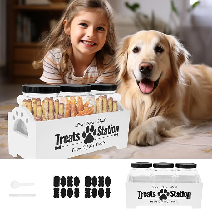 Dog Treat Container for Countertop Dog Food Storage with 3 Plastic Treat Jars Wood Dog Food Container with Handles and Lids Farmhouse Practical Pet Cat Dog Treat Storage Containers (white)