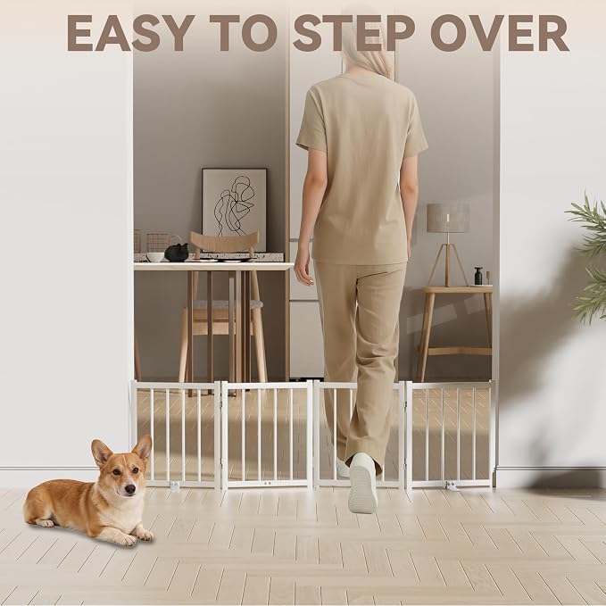 Snuowu 16" Freestanding Short Dog Gate for Small Dogs – Foldable & Retractable, Expands Up to 48" Wide, 4-Panel Pet Barrier for Doorways, Stairs & Hallways (White)