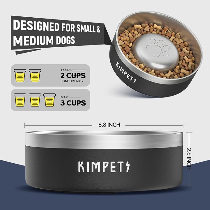 Dog Slow Feeder Bowls Food-Grade 304 Stainless Steel Dog Slow Feeder Bowl Double Wall Heavy Duty Non-Slip Rubber Base 2 Cups Capacity for Small Medium Dogs- Black