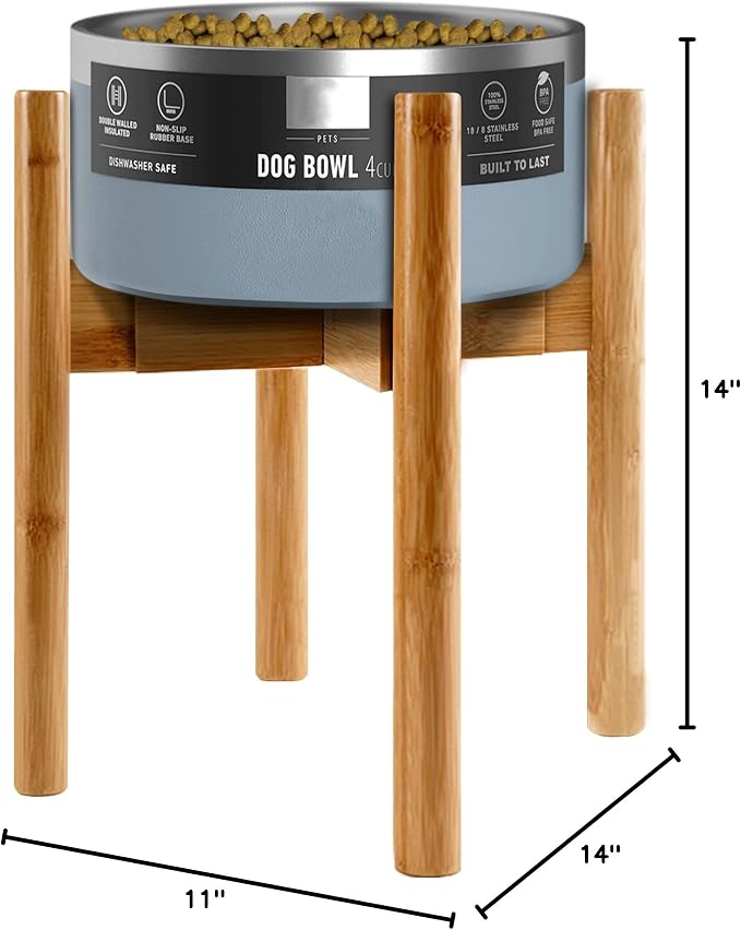 Dog Bowl Stand for Large Dogs - Adjustable, Easy Fold-Down | Use to Elevate Raise Dog Food, Water and Slow Feeder Bowls, Lock-Bolts and Tool Added, Foot-Padded, Bamboo Stand Only
