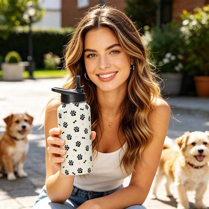 32oz Dog Paw Insulated Water Bottle with Straw, Gym Hiking Sports Coffee Mug Cup, Dog Paw Gifts for Women Decor Accessories