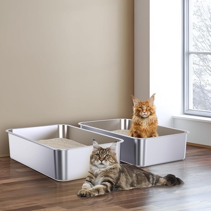 Stainless Steel Litter Box 2 Pack, 23.6" X 15.7" X 6" Steel Litter Box XL No Smell, Extra Large Metal Litterbox for Big Cat, Multiple Cats, Non Stick, Easy Cleaning