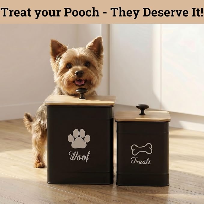 Dog Treat Container Airtight Set of 2 - 8x6 & 7x5 inch Iron Dog Treat Jars for Kitchen Counter with Airtight Bamboo Lids - 20 Cup Capacity Pet Treat Container Set - Doggie Cookie Jar - Treats Canister | Fits All Popular Treats, Up to 20 Cups Combined C...