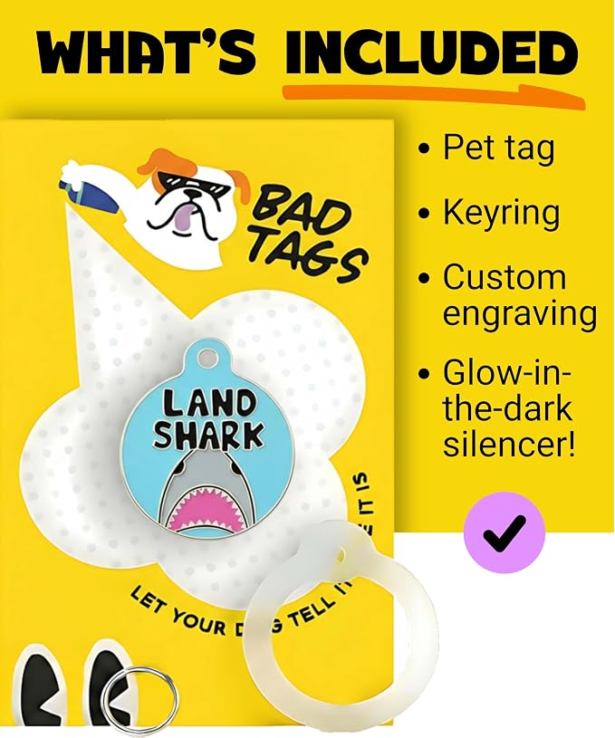 Bad Tags Personalized Dog and Cat ID Tags in 25+ Designs and 2 Sizes - 5 Lines of Custom Engraved Text - Funny Cute Personalized Pet Tags (Land Shark, Small (1 inch))
