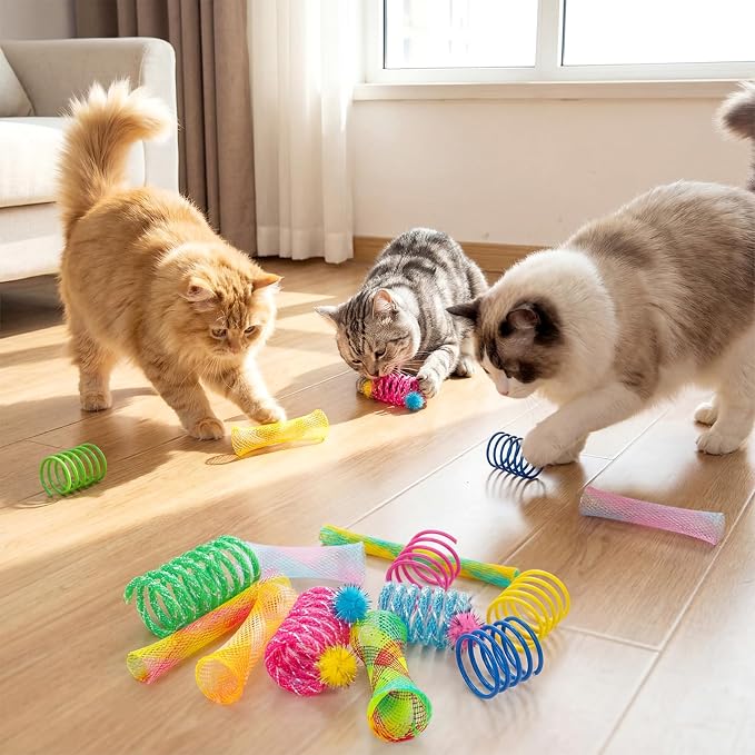 100 Pcs Cat Springs Toys Pack for Indoor Kitten Colorful Cat Supplies Include Interactive Plastic Coil Spiral Spring Rolling Mesh Tubes for Kitten Stray Cats to Bouncing Play Hunt