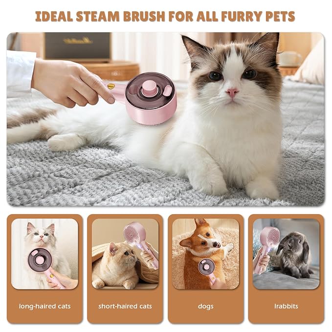 Cat Steam Brush for Indoor Cats, Spray Cat Deshedding Brush for Grooming | Self Cleaning Steam Pet Brushes with Spray, Helps Remove Loose Hair & Undercoat, Grooming Tool for Long & Short Hair Cats