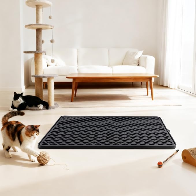 Double-Layer Silicone Cat Litter Mat – Non-Slip, Waterproof & Easy-to-Clean | Also Great as a Dish Drying or Pet Feeding Mat (18x12.5,Black)