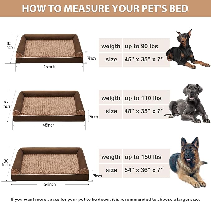 BFPETHOME Orthopedic Washable XXL Dog Bed for Senior Dog Cozy Sleep | Extra Large Waterproof Big Soft Pet Couch Bed for Dogs Relax with Removable Cover Supportive Egg Crate Foam Brown 48x35 Inch