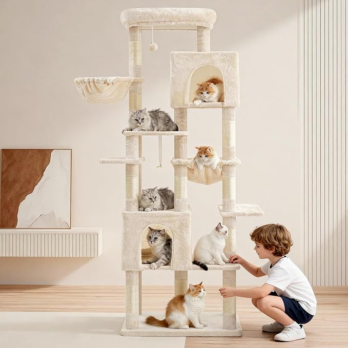 Heybly Cat Tree, 76-Inch Tall Heavy Duty Cat Tower for Big Cats HCT039M | Multi-Level Large Cat Furniture with Extra Wide Baseboard, 2 Condos & 2 Hammocks, 10 Scratching Posts, Beige