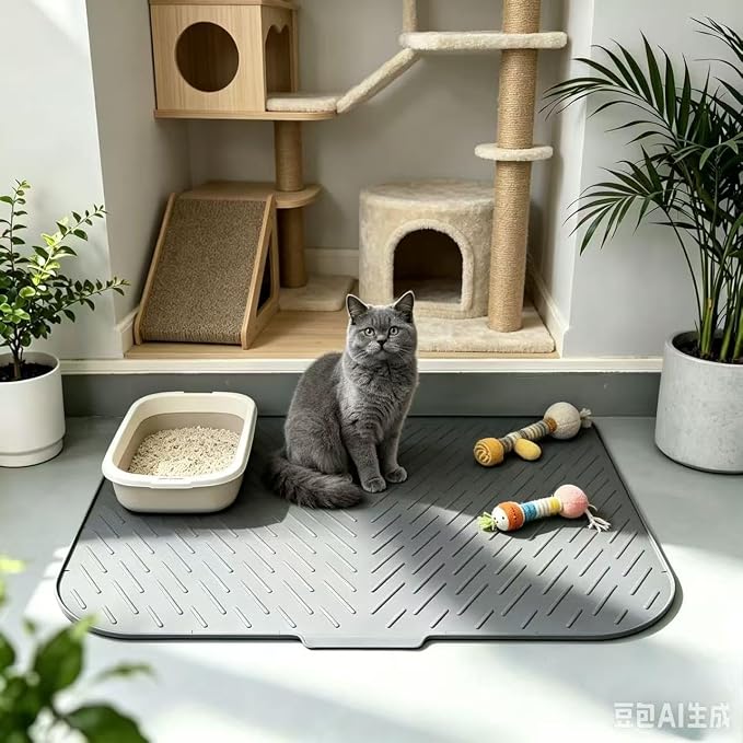 Silicone Cat Litter Mat 35" x 27" | Waterproof, Non-Slip Litter Trapping, Soft on Paws, Raised 0.7" Edge, Easy Clean with Drainage