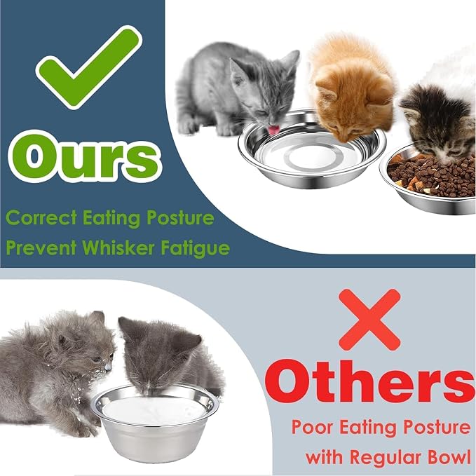 6 PCS Thickened Stainless Steel Cat Bowls, 5.5 Inch Shallow Wide Flat Metal Kitten Food Bowls, Whisker Friendly Fatigue Relief Replacement Basic Pet Dishes for Indoor Cats