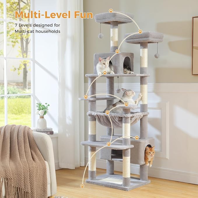 PAWZ Road 72" Cat Tree, Tall Cat Tower with Hammock& Condos for Large Cats | 20"x16" hammock for adult cats, cat tower with 7 scratching posts&pad, dual top perch and large condo for big cats