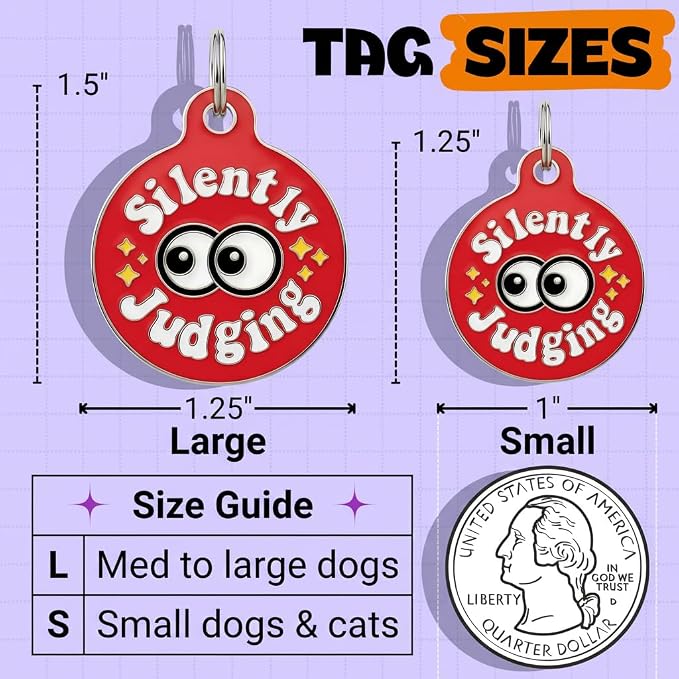 Bad Tags Personalized Dog and Cat ID Tags in 25+ Designs and 2 Sizes - 5 Lines of Custom Engraved Text - Funny Cute Personalized Pet Tags (Silently Judging - Red, Large (1.25 inch))