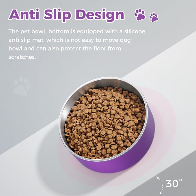 WENBOKMIN Dog Bowl, Stainless Steel Dog Food and Water Bowl with Non Slip Quiet Bottom, Easy to Clean, Dishwasher Safe, 64oz, Purple