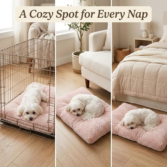 18 Inch Dog Crate Bed for Small Dogs and Puppies,Washable Puppy Crate Pad for Dog Cages,Soft Jacquard Flannel Kennel Mat with Anti-Slip Bottom,Fluffy Dog Bed for Toy Breeds,Pink