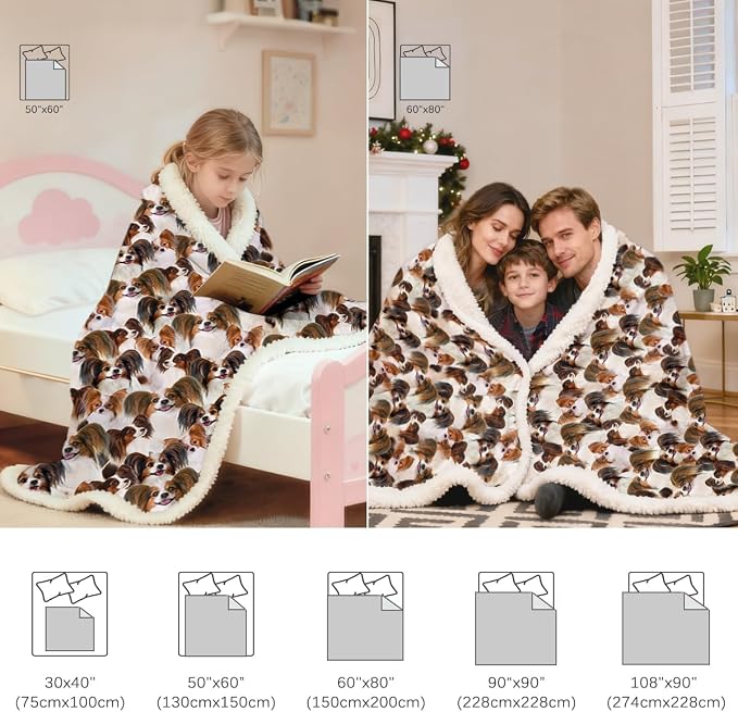BlessLiving Papillon Dog Blanket Cute Animal Fleece Blanket Shepherd Dog Plush Blanket Soft Sherpa Blanket for Bed and Couch Papillon Dog Lover Gifts (Twin Size, 60 x 80 Inches)