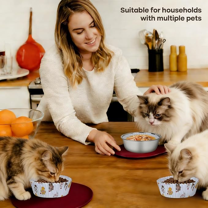 Bulk Disposable Cat Bowls Set (600 Pcs Cat Food Bowl Liners + 4 Pcs Stainless Steel Pet Bowls) Small Paper Bowls for Puppy Kitten Small Dogs and Cats, Ideal for Dry & Wet Food (White, Cat Paw Print)