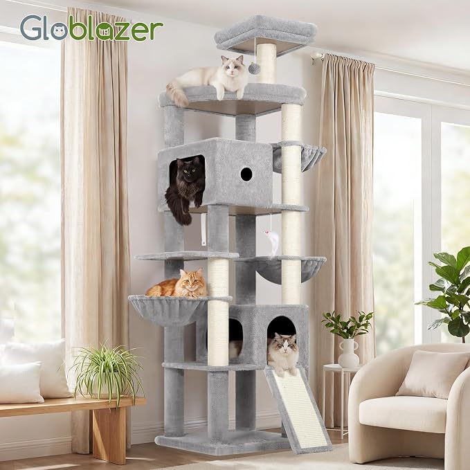 Globlazer F83C Pro Max Heavy Duty Maine Coon Cat Tree, 83in Tall Tower | Easy Assembly, Large Cats, 2 Condos, 3 Hanging Baskets, 2 Perches, 7 Sisal Scratching Posts, Anti-Topple Strap, Light Grey