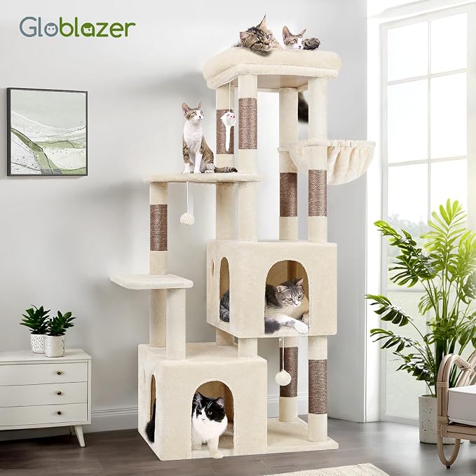 Globlazer Heavy Duty Cat Trees for Big Cats Maine Coon, F61, Beige | Cat Tower for Indoor Large Adult Cats with Scratching Post, Extra Large Top Perch, Cat Condos, 61inch