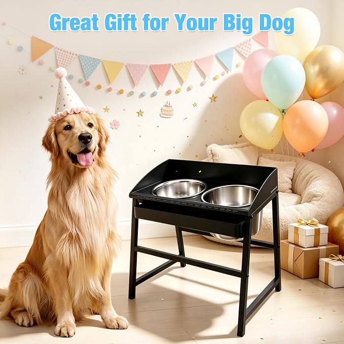 Bobbie & Laxi 15" Tilted Elevated Dog Bowl, Large Breeds Non-Spill Design | Raised Dog Bowl with Stand; Stainless Steel Food&Water Bowl Set with Splash Guard; Easy Clean for Indoor Dry-Use Areas