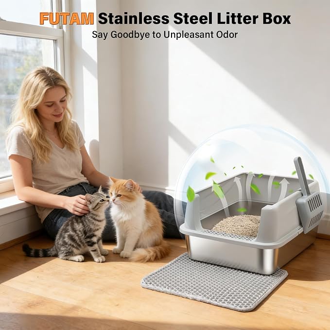 Stainless Steel Litter Box with High Sides, Small Metal Litter Box for Kittens & Medium Cats, Low Entry Kitten Litter Boxes with Scoop and Mat, Non-Sticky, Anti-Urine Leakage, Easy Cleaning