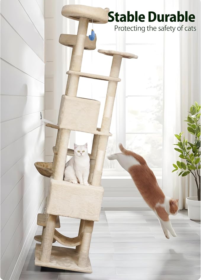 Meecal 79 Inch Tall Cat Tree Tower for Large Indoor Adult Cats, Beige | Extra Large Cat Tree with Scratching Post, Plush Condo, Perch, Hammock & Toys, Multi-Level Indoor Activity Center, Heavy Duty