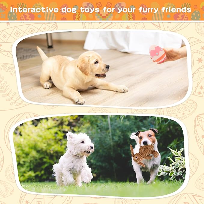 Rypet Stuffed Dog Toys Easter Rabbit Dog Toy, Squeaker Plush Dogs Toy with Crinkle Paper, Interactive Durable Puppy Chew Toy Pet Easter Toy with Egg for Small and Medium Dogs