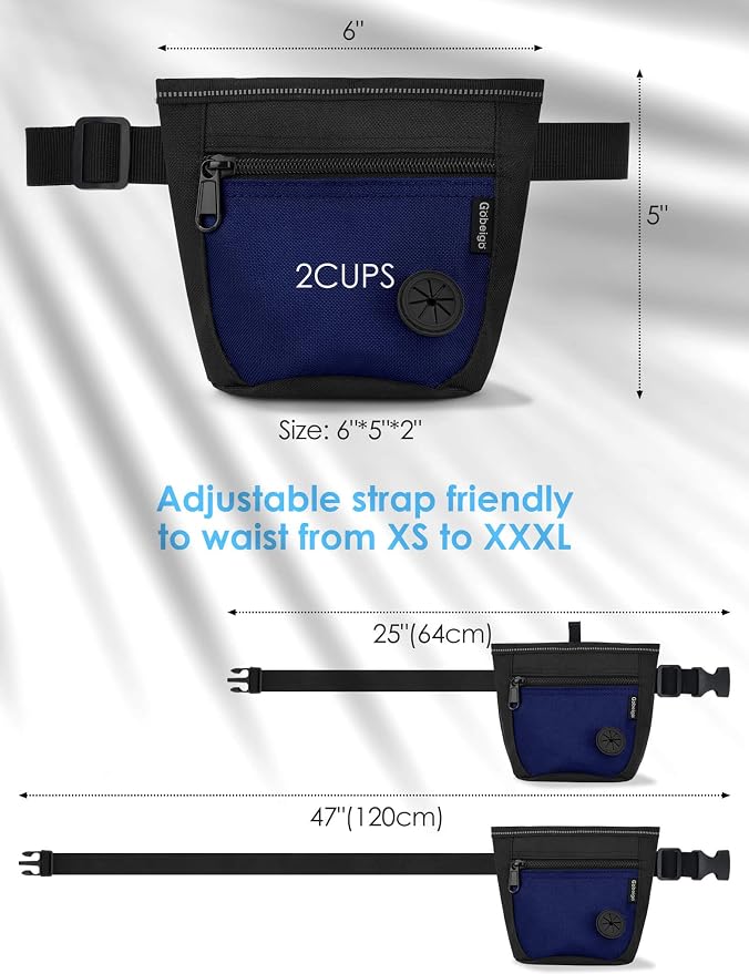 2 Cup Dog Treat Pouch with Training Clicker(Black/Blue) | 2 Pair Magnetic Closures, Zipper Pocket with Poop Bag Holder, Waist Belt & Metal Clip to Wear for Pet Training/Daily Walking