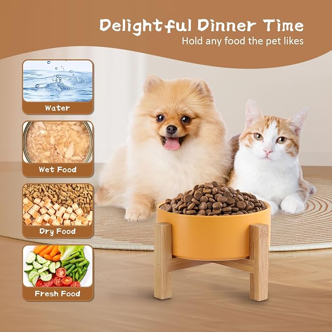 Elevated Ceramic Cat Bowl - Cat Food Bowl with Bamboo Stand - Raised Dog Dish for Puppies - Anti Vomiting, Stress Free - 13.5 oz / 400 ml - Pink