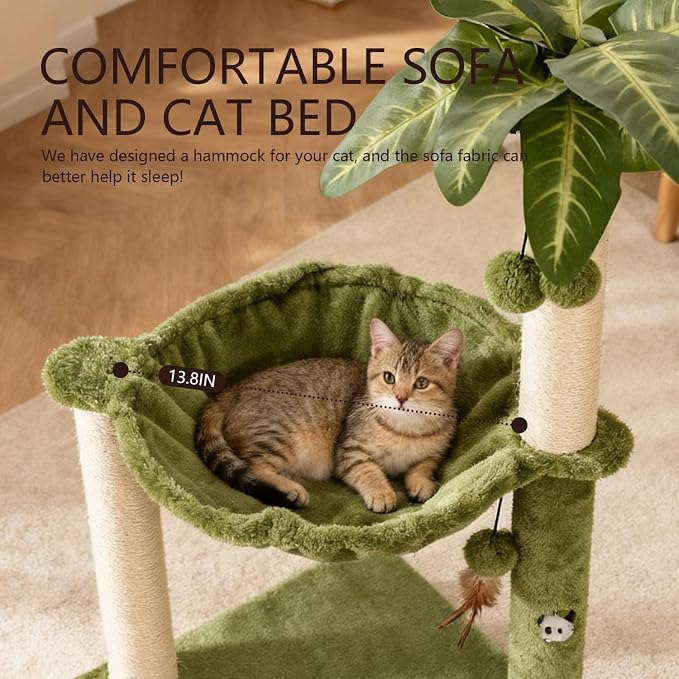 MECOOL Cat Tree for Indoor Cats 35" Tall Cat Scratching Post with Large Cat Hammcok and Hanging Ball Toys Plant Green