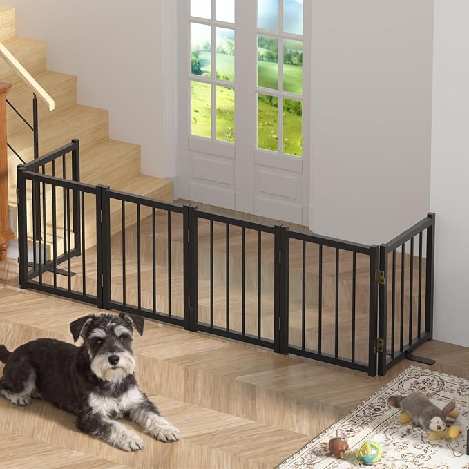 Snuowu 16" Freestanding Short Dog Gate for Small Dogs – Foldable & Retractable, Expands Up to 72" Wide, 6-Panel Pet Barrier for Doorways, Stairs & Hallways (Black)