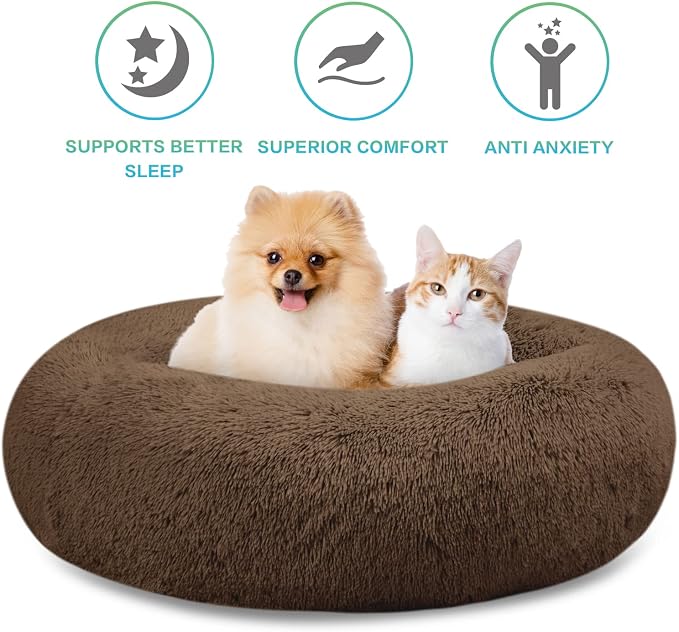 SAVFOX 45 inches Calming Donut Dog Bed - 3X Durable Plush Faux Fur, Machine Washable & Non-Slip, Fits up to 150 lbs, Brown