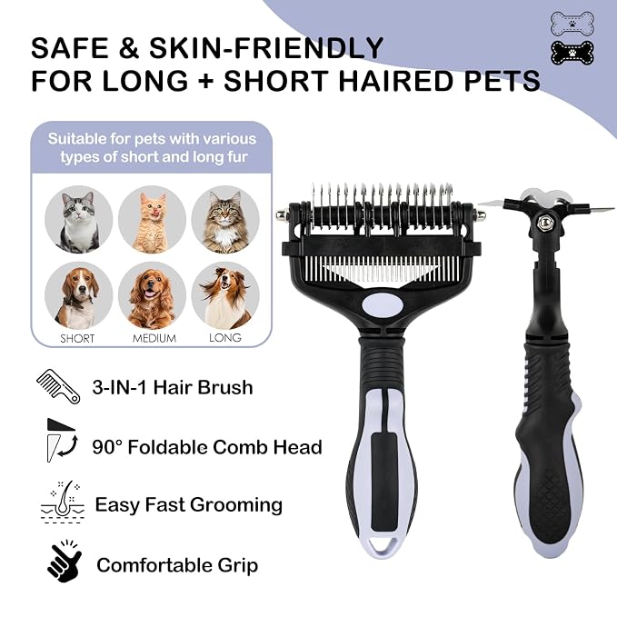 3-IN-1 Pet Deshedding and Grooming Brush Tool | Grooming Brush for Dogs and Cats with Undercoat Rake & Dematting Comb for Matted Fur Removal Long and Short Haired Dogs Cats