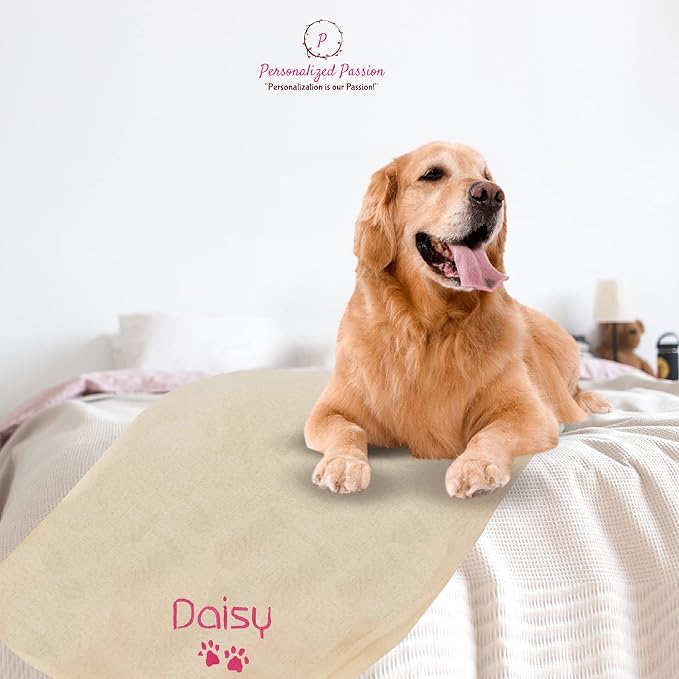 Personalized Passion Dog Blanket with Embroidered Name and Paws - Soft, Comfortable and Cozy for Couch, Bed, Car - Water Resistant Pet Fleece Blanket for Dogs and Cats - Cream - 28x40 Inches