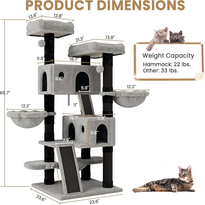 SHA CERLIN 65in Larger Cat Tree Tower Condo for Indoor Kitties/Multi-Level Furniture Activity Center with Wide Base/Cozy Plush Perches/Baskets/Sisal Scratching Posts and Hammock/Black & Grey