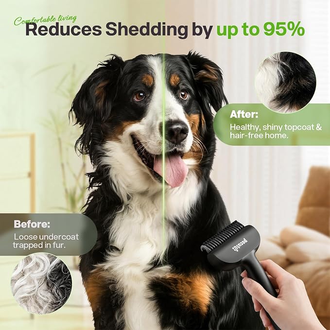 Pecute Self-Cleaning Undercoat Rake for Dogs Cats with Thick Double Coats | 1-click clean, 304SS, 18 rounded teeth, For seasonal heavy shedding & matting, Gentle on pets, Ideal for long/dense coats
