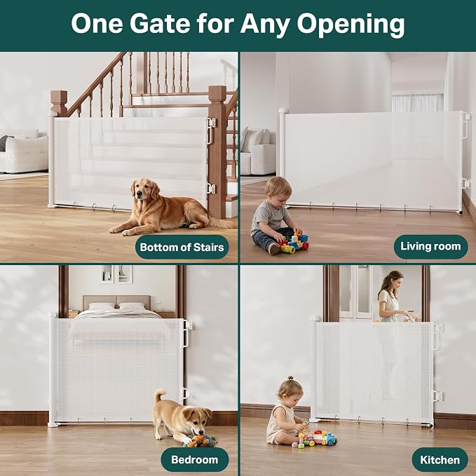 Cumbor 27-40" Retractable Baby Gates for Stairs & Doorways, Hardware Mounted Mesh Dog & Pet Gate, Easy Walk Through, One-Hand Operation, Anti-Crawl Adjustable Safety Gate for Dog, Indoor Outdoor White
