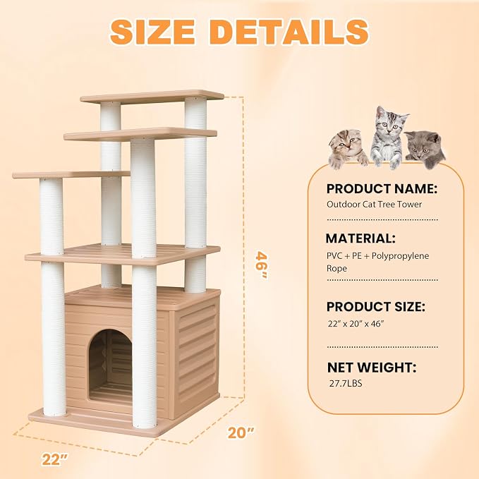 46" Indoor&Outdoor Cat Tower,Weatherproof Cat Condo with Scratching Posts | Khaki Cat Apartment with Waterproof PE Panels&PVC Tubes,Equipped with Polypropylene Scratching Ropes,Sturdy and Durable CTT-9