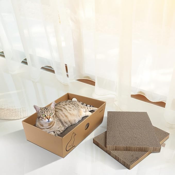 AUSCAT Cat Cardboard Scratcher, 4 PCS Reversible Cat Scratching Boards with Box for Indoor Kitty to Rest and Play, 14.8" L x 10.8" W x 5.2" H.