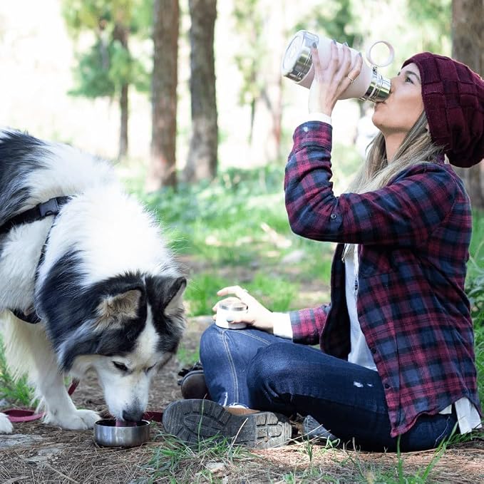 asobu Buddy Bottle, a Stainless Steel Insulated Water Bottle with Removable Dog Water Bowl and Dog Food and Treat Storage (Pink, 37 Oz)